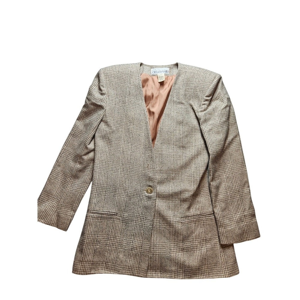 Clifford & Wills Vintage Plaid Blazer Tan Brown Wool Blend Collarless Size 6